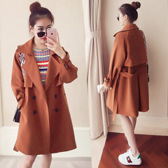 In the autumn of 2017 new Korean double breasted tie long windbreaker female British style leisure loose knee coat S Red brick
