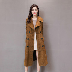 2017 spring and autumn Korean version of the new suede windbreaker long size dress with velvet knee coat slim tide 3XL Camel