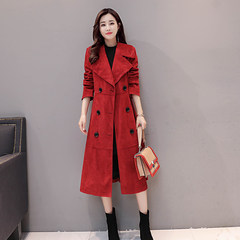 2017 spring and autumn Korean version of the new suede windbreaker long size dress with velvet knee coat slim tide 3XL Red wine