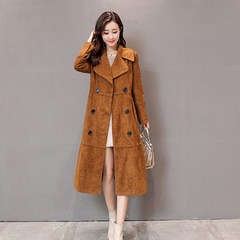 2017 spring and autumn Korean version of the new suede windbreaker long size dress with velvet knee coat slim tide 3XL Caramel color