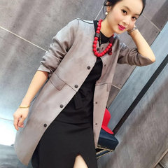 2017 spring new Korean large size women straight suede jacket, long suede coat 3XL gray