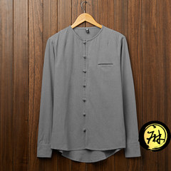 The Chinese men's Chinese wind cotton long sleeved shirt, linen shirt slim retro costume Hanfu Chao Ma M (recommendation 95-110) Light grey