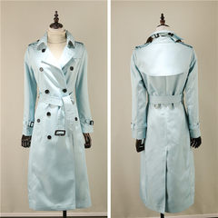 The US time British high-end double breasted coat slim slim Jacket Women's trade long tail knee Six Wathet
