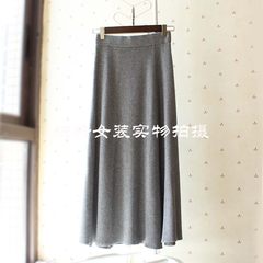Autumn and winter fashion pleated skirt waist knitted skirt A-line a wool dress slim skirt F Gray long Edition