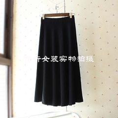 Autumn and winter fashion pleated skirt waist knitted skirt A-line a wool dress slim skirt F Black long Edition