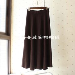Autumn and winter fashion pleated skirt waist knitted skirt A-line a wool dress slim skirt F Dark coffee long Edition