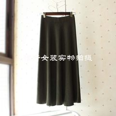 Autumn and winter fashion pleated skirt waist knitted skirt A-line a wool dress slim skirt F Green long Edition