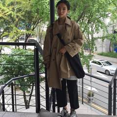 Autumn new Korean retro OVERSIZE boyfriend wind, super loose waist lace up outfit, windbreaker coat woman S Khaki