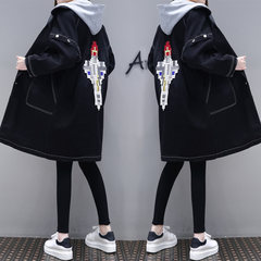 2017 girls Cowboys windbreaker long autumn and winter all-match BF code Korean students loose cotton Hooded Jacket 7-10 days after payment Black [cotton added]