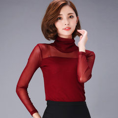 Autumn and winter new large size women's shirt with thickened cashmere turtleneck gauze lace shirt female long sleeved T-shirt 3XL 639 jujube red