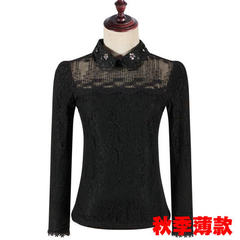 2017 new winter velvet lace shirt with thickened Korean female long sleeve size diamond beaded jacket shirt 3XL Black without velvet