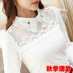 2017 new winter velvet lace shirt with thickened Korean female long sleeve size diamond beaded jacket shirt 3XL White without lint