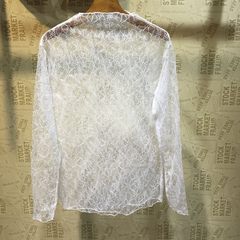 2017 winter lace openwork sexy long sleeved shirt in a transparent gauze gauze net clothing Turtleneck Shirt F White peach flower