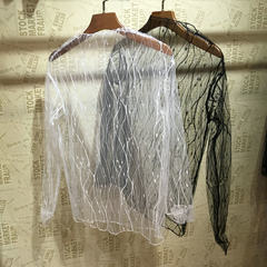 2017 winter lace openwork sexy long sleeved shirt in a transparent gauze gauze net clothing Turtleneck Shirt F white lightning