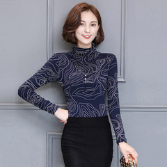 2017 autumn new fashion shirt cashmere turtleneck and Korean slim lace long sleeved jacket warm female thickening 3XL Navy Blue