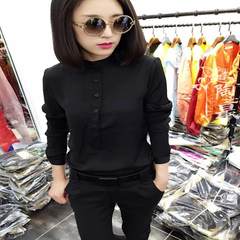 In the spring of 2016 European goods new women slim long sleeved chiffon shirt collar shirt silk blouse M black