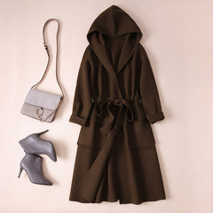 Warm, smart, hooded, slim knitted coat, windbreaker coat, female autumn winter spring home M613 S-110 Caramel