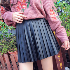 Autumn and winter. All-match thin black waisted pleated skirt student A word skirt skirt small leather skirt skirt female Pu S black