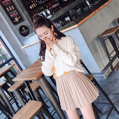 Autumn and winter. All-match thin black waisted pleated skirt student A word skirt skirt small leather skirt skirt female Pu S Apricot