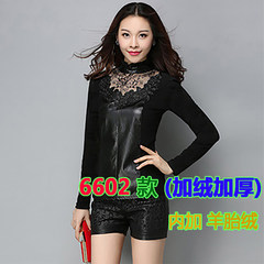 2017 spring new Korean large code plus Velvet Lace Blouse Shirt sleeved women slim leather mesh shirt M recommends 85-103 Jin Black 6602 (with velvet)