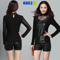 2017 spring new Korean large code plus Velvet Lace Blouse Shirt sleeved women slim leather mesh shirt 3XL recommends 133-148 Jin Black 6602 thin paragraph