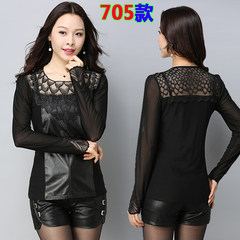 2017 spring new Korean large code plus Velvet Lace Blouse Shirt sleeved women slim leather mesh shirt M recommends 85-103 Jin Black 705 (high quality thin section)