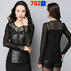 2017 spring new Korean large code plus Velvet Lace Blouse Shirt sleeved women slim leather mesh shirt M recommends 85-103 Jin Black 702 (high quality thin section)
