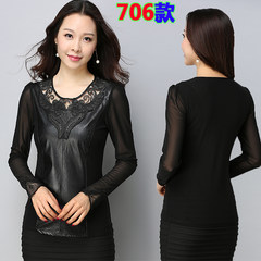 2017 spring new Korean large code plus Velvet Lace Blouse Shirt sleeved women slim leather mesh shirt M recommends 85-103 Jin Black 706 (high quality thin section)