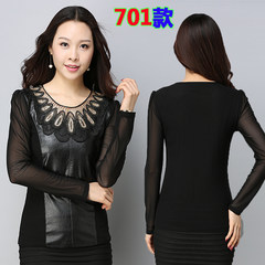 2017 spring new Korean large code plus Velvet Lace Blouse Shirt sleeved women slim leather mesh shirt M recommends 85-103 Jin Black 701 (high quality thin section)