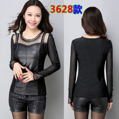 2017 spring new Korean large code plus Velvet Lace Blouse Shirt sleeved women slim leather mesh shirt M recommends 85-103 Jin Black 3628 (high quality thin section)