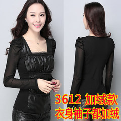 2017 spring new Korean large code plus Velvet Lace Blouse Shirt sleeved women slim leather mesh shirt M recommends 85-103 Jin Black 3612 (with velvet)