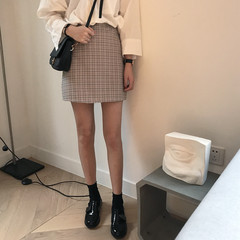 Autumn Korean Vintage plaid skirt waist skinny plaid skirt all-match student bag hip A word skirt skirt S Pink coffee
