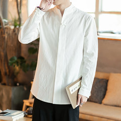 Take the wind Chinese menswear winter retro linen loose shirt size shirt cotton Chinese Han Chao 3XL black