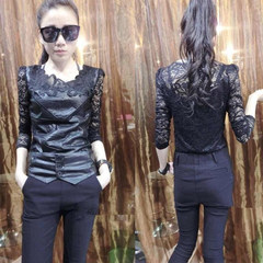 The spring and autumn Europe gauze spell leather PU leather lace shirt female temperament slim V collar small shirt long sleeved shirt pierced S Round neck