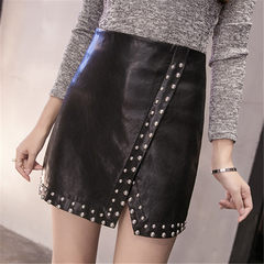Europe retro nail PU leather skirt female winter package hip skirt waist size split step a word skirt 3XL black