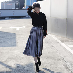 2017 Korean version of the new autumn and winter in the long velvet skirt pleated skirt female summer high waist skirt black skirt F - elastic elastic waist - length 68CM Grey velvet lace lace skirt