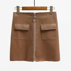 The new Korean wool skirt waist thin ring zipper bag hip skirt Pu A leather skirt children in autumn and winter M (95-105 Jin) Coffee