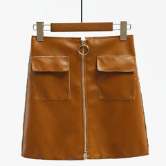 The new Korean wool skirt waist thin ring zipper bag hip skirt Pu A leather skirt children in autumn and winter M (95-105 Jin) Deep camel 6211