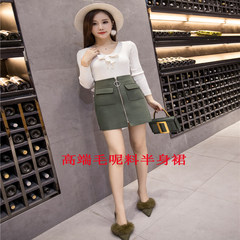 The new Korean wool skirt waist thin ring zipper bag hip skirt Pu A leather skirt children in autumn and winter M (95-105 Jin) In the green woolen material (1076)
