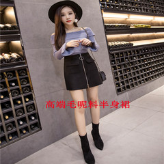 The new Korean wool skirt waist thin ring zipper bag hip skirt Pu A leather skirt children in autumn and winter M (95-105 Jin) Black woolen material (1076)