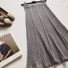 The new winter pleated skirt black vertical stripes ruffled dress bag hip skirt wool knit dress skirt children F gray
