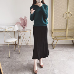 The new winter pleated skirt black vertical stripes ruffled dress bag hip skirt wool knit dress skirt children F black