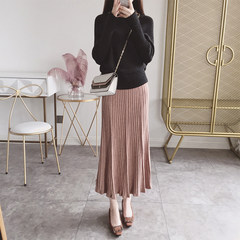 The new winter pleated skirt black vertical stripes ruffled dress bag hip skirt wool knit dress skirt children F Beige
