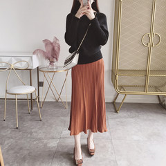 The new winter pleated skirt black vertical stripes ruffled dress bag hip skirt wool knit dress skirt children F Deep orange