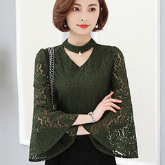 2017 new winter dress with lace shirt sleeve cashmere thickened small shirt blouse T-shirt bottoming Korean warm 3XL 6810 green [spring and autumn thin]