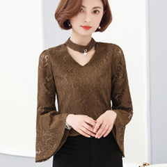 2017 new winter dress with lace shirt sleeve cashmere thickened small shirt blouse T-shirt bottoming Korean warm 3XL 6810 coffee color [spring and autumn thin]