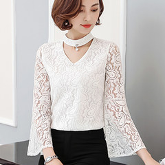 2017 new winter dress with lace shirt sleeve cashmere thickened small shirt blouse T-shirt bottoming Korean warm 3XL 6810 white [spring and autumn thin]