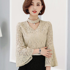 2017 new winter dress with lace shirt sleeve cashmere thickened small shirt blouse T-shirt bottoming Korean warm 3XL 6810 [thin] apricot spring