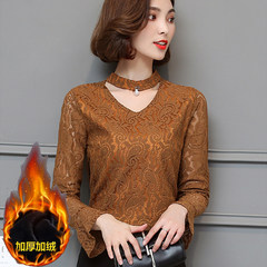 2017 new winter dress with lace shirt sleeve cashmere thickened small shirt blouse T-shirt bottoming Korean warm 3XL 6810 coffee - cashmere thickening