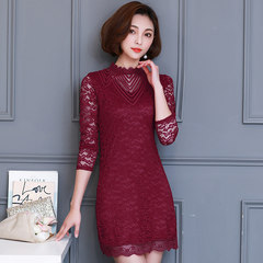 New all-match slim long lace shirt dress with long sleeved cashmere coat thick warm winter XL Wine red thin